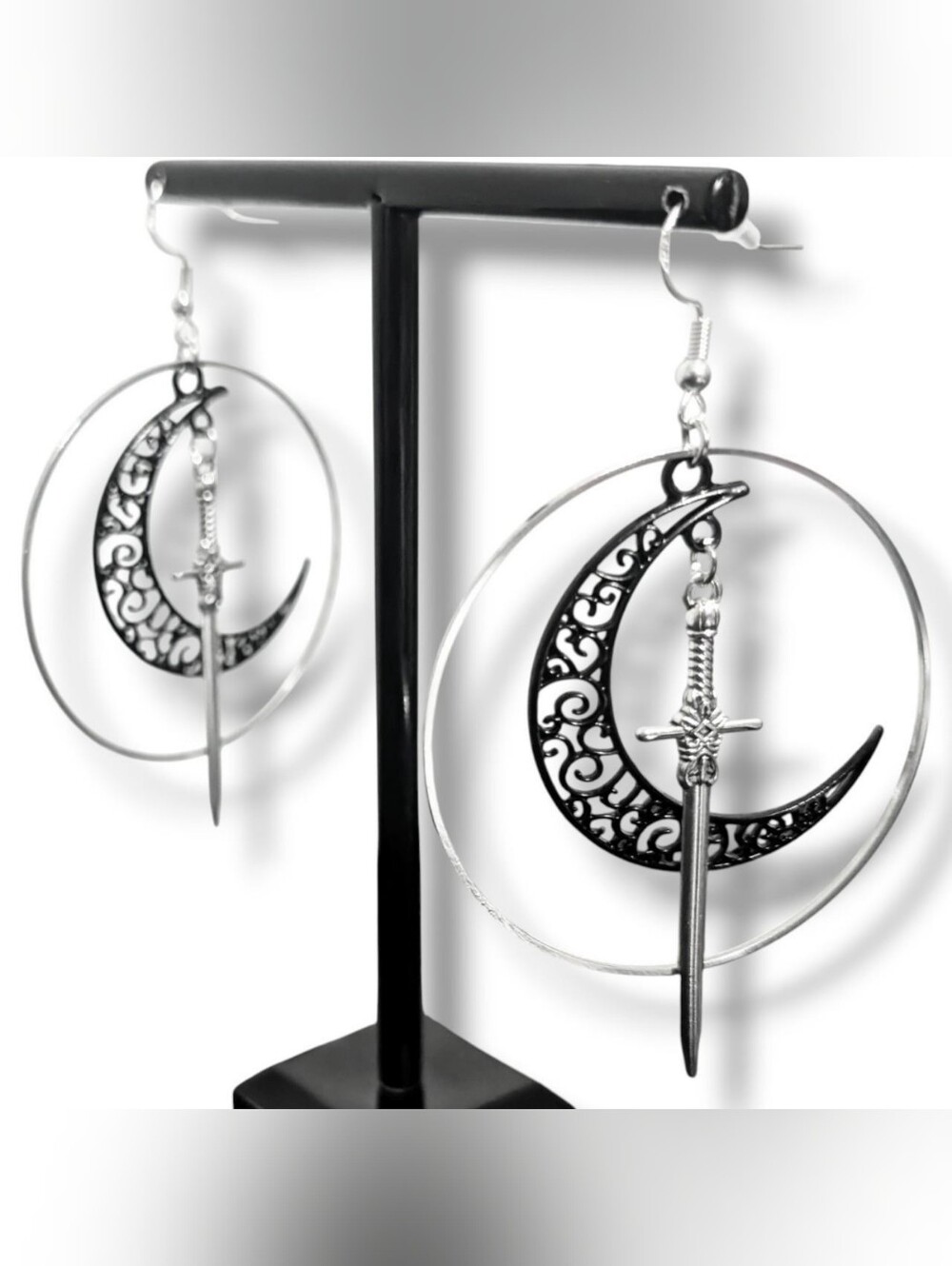 NWT Handmade Black Crescent Moon Silver Sword Hoop Earrings